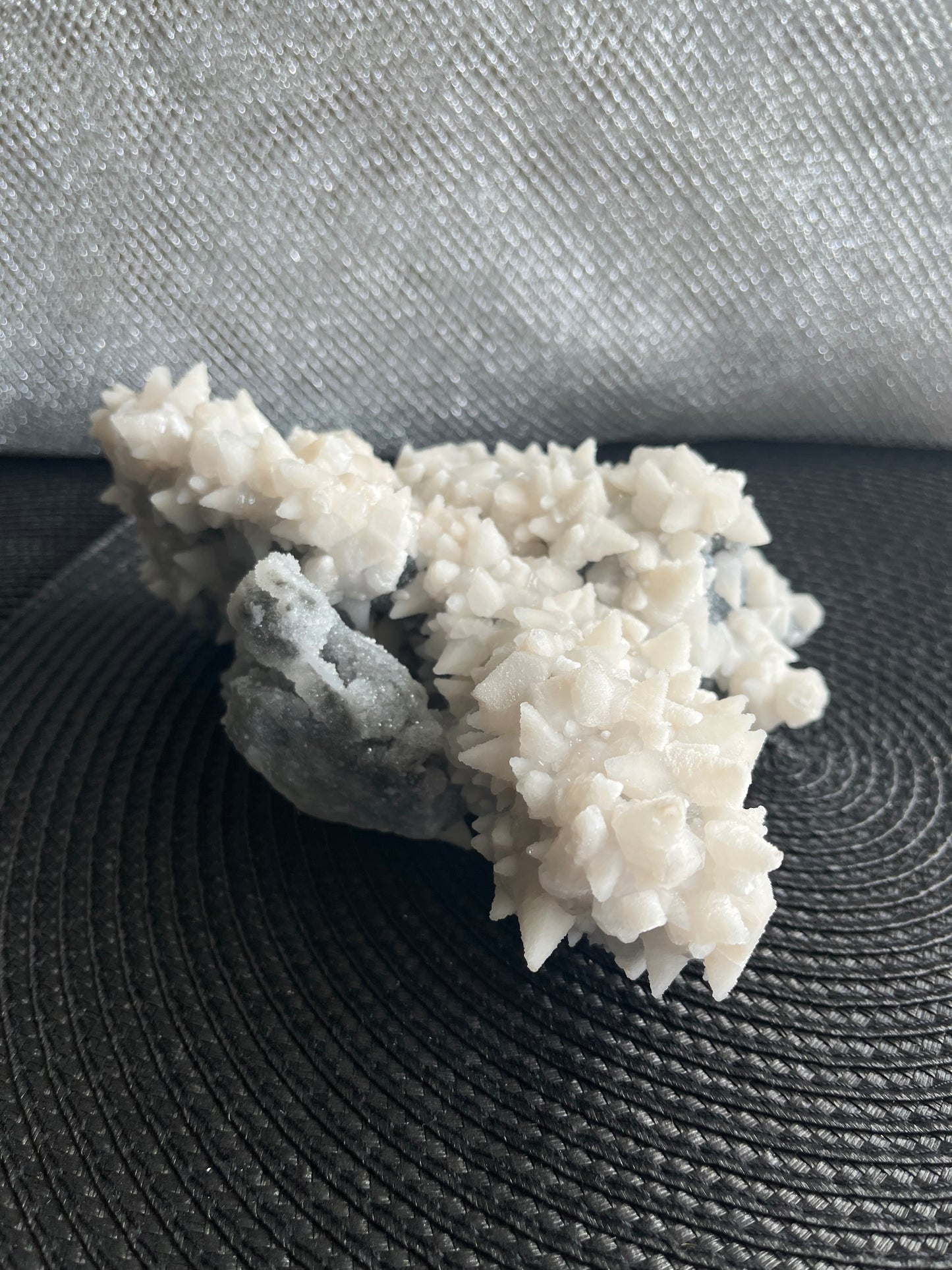 Fluorescent Mangano Dog Tooth Calcite on Druze Quartz