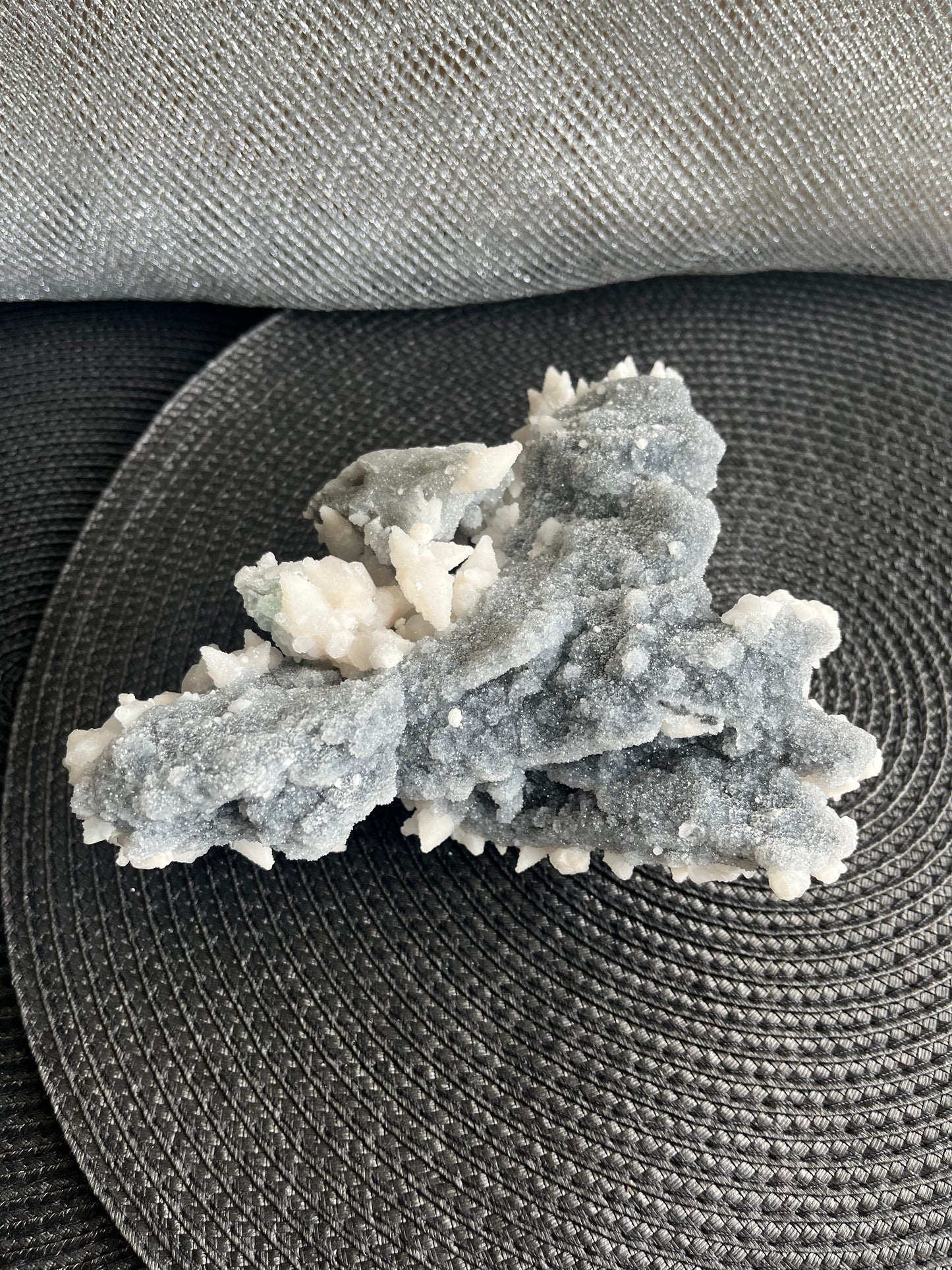 Fluorescent Mangano Dog Tooth Calcite on Druze Quartz