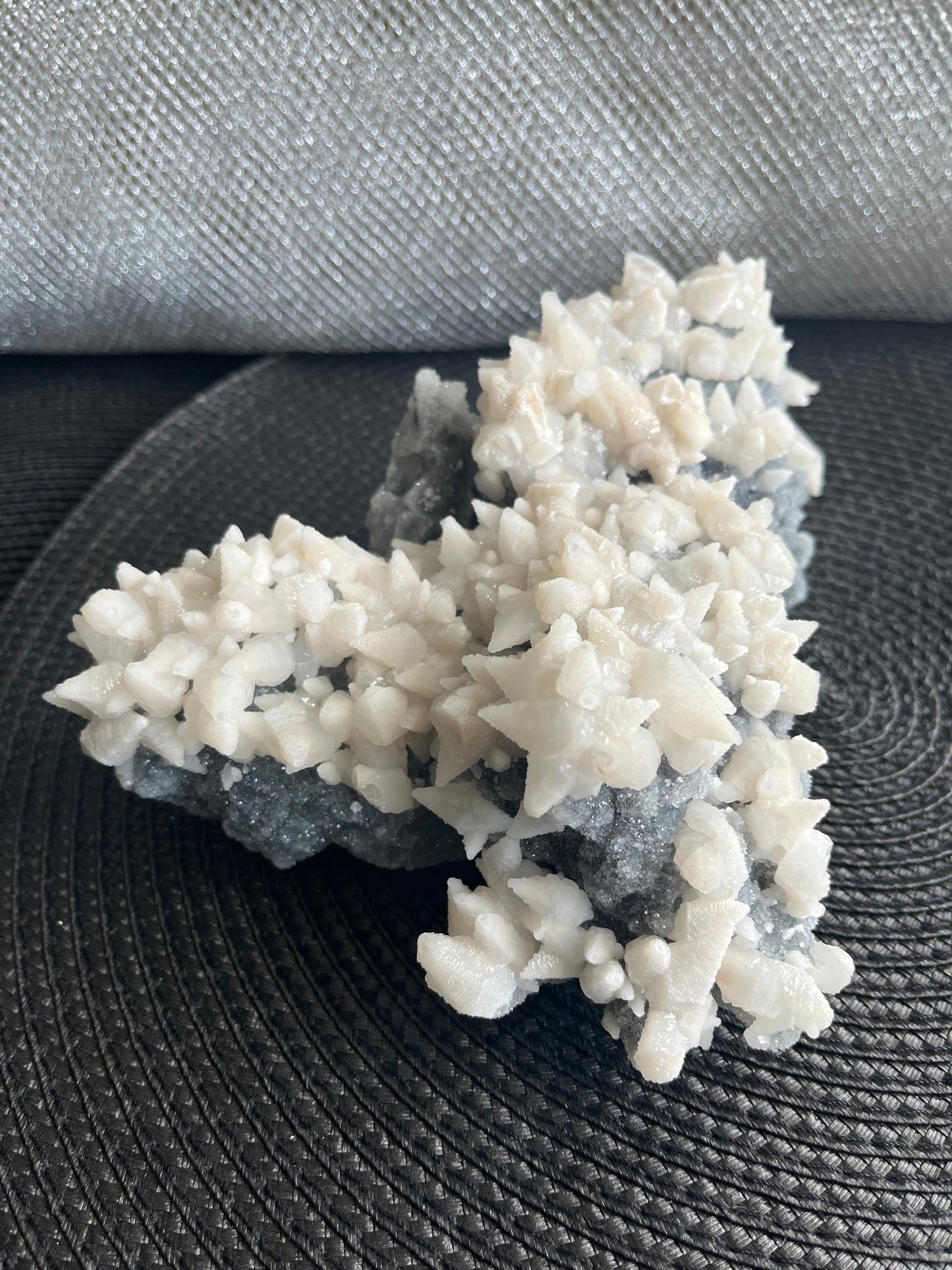 Fluorescent Mangano Dog Tooth Calcite on Druze Quartz