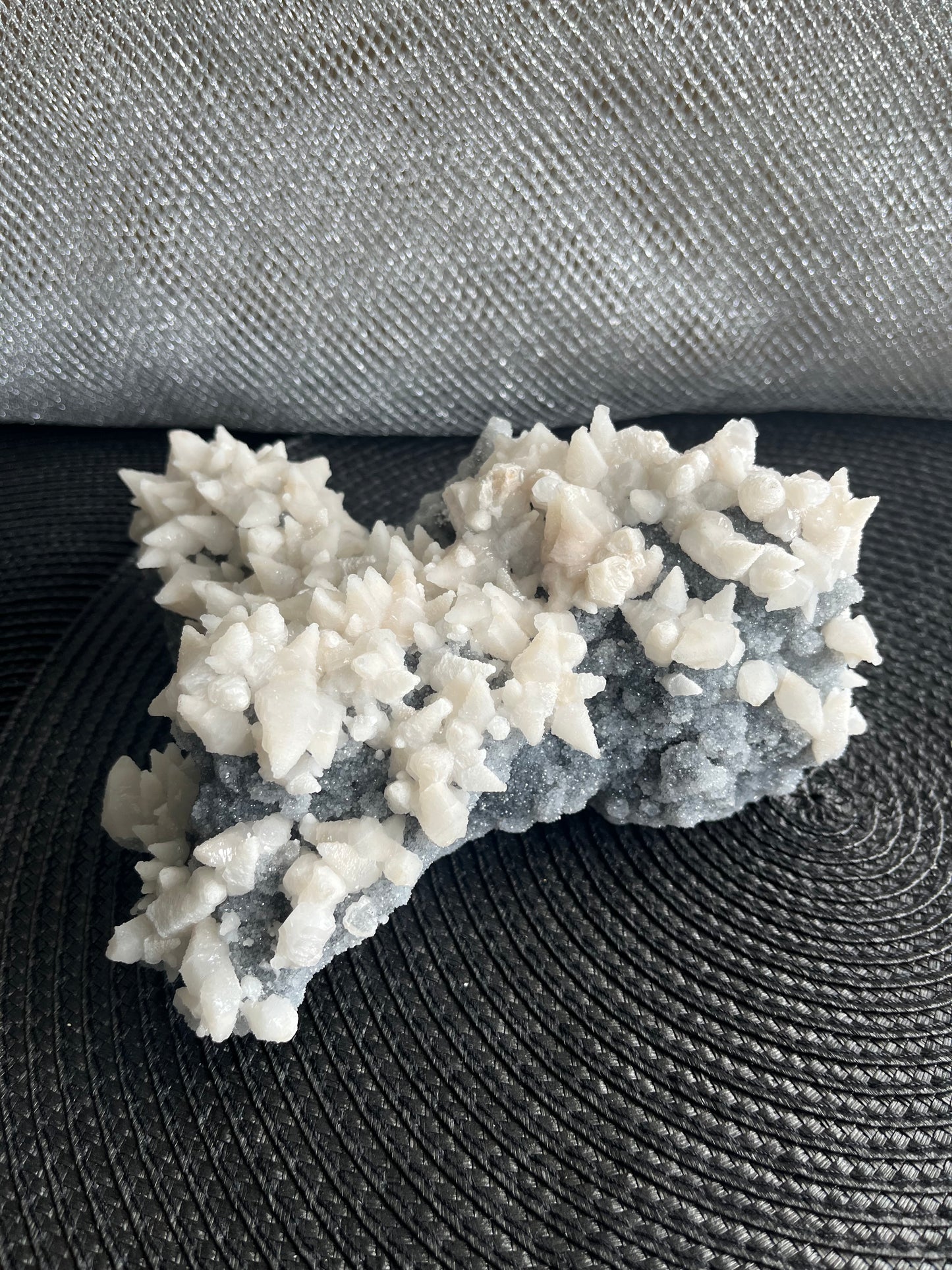 Fluorescent Mangano Dog Tooth Calcite on Druze Quartz